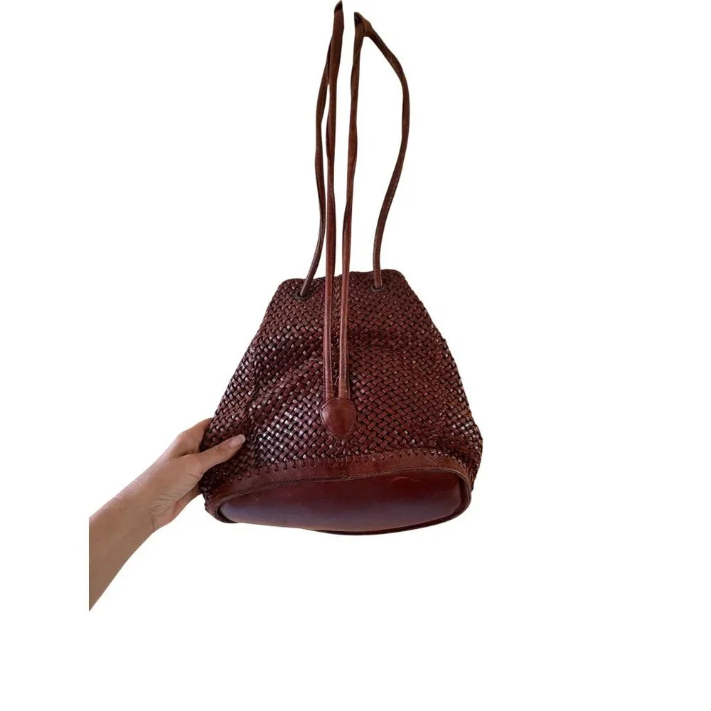 DKNY Womens Backpack Brown Woven Leather Vintage 1990s Casual